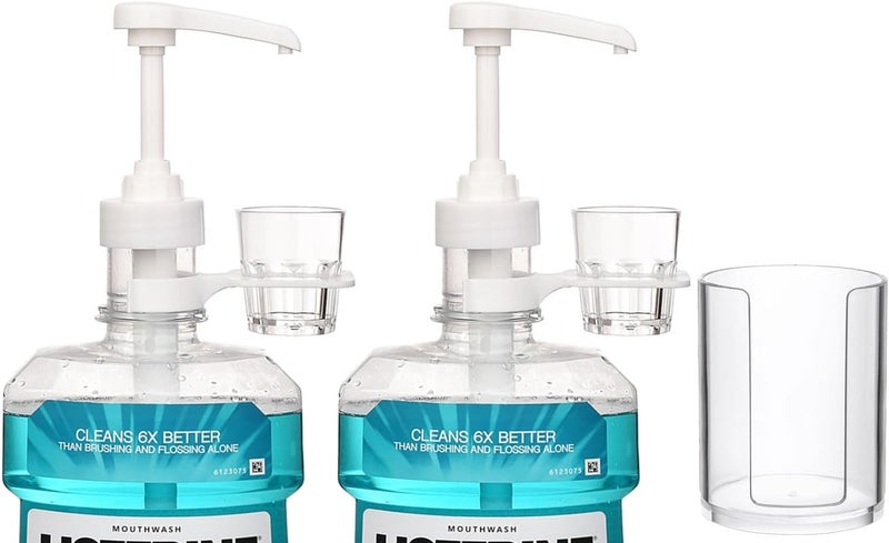 onsogi Dispenser Pumps for Listerine 1 or 1.5 Liter Mouthwash Bottles with Cup Holders, Resuable Cups and Clear Plastic Paper Cup Dispenser - Fits Total Care, Original, Zero Alcohol, Cool Mint, etc - Image 1